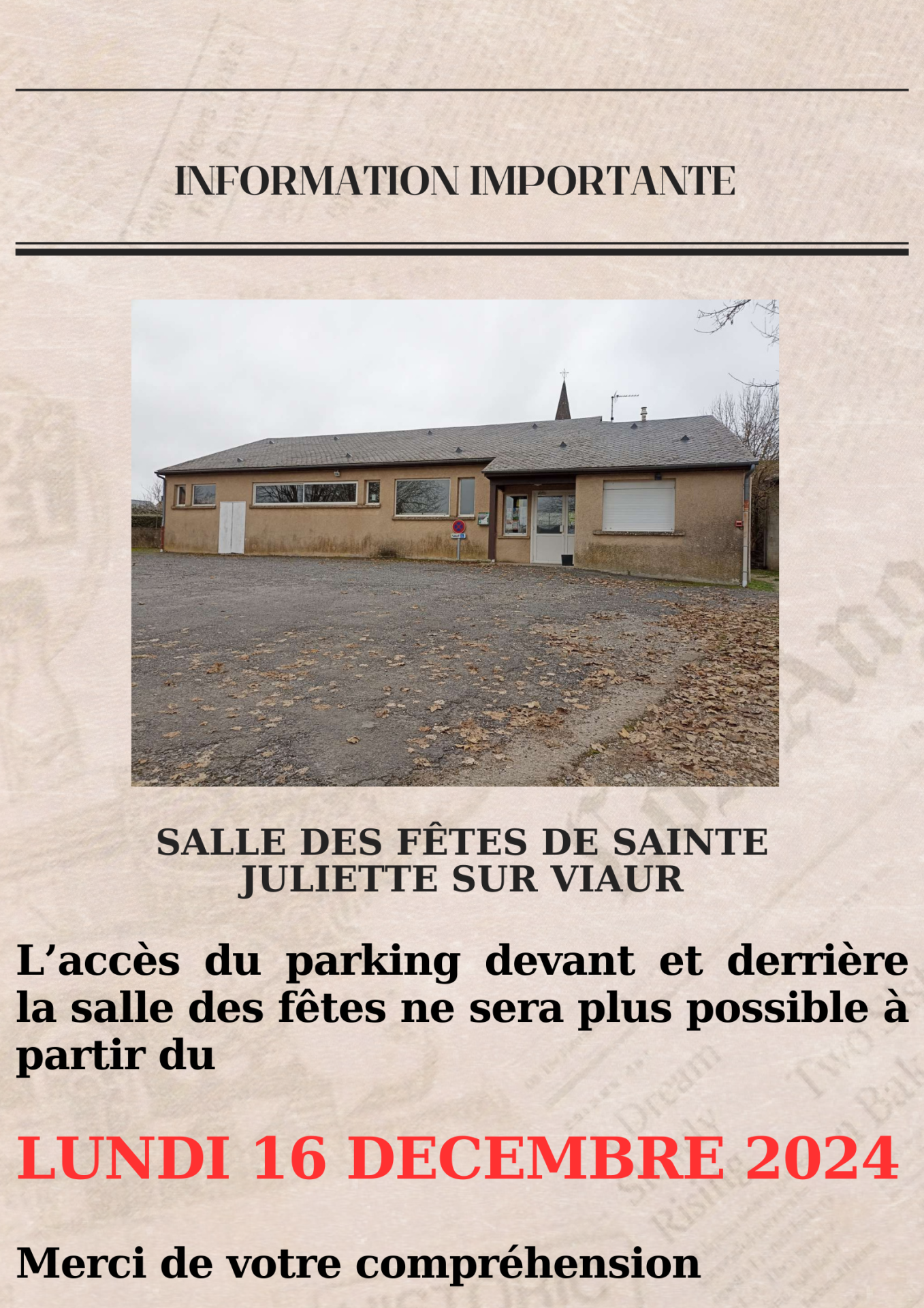 Lire la suite à propos de l’article Fermeture parking salle des fêtes de Sainte Juliette sur Viaur le 16/12/24